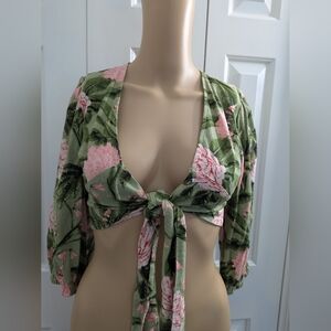 Agua Bendita Peony Floral Flowers Woman Size XXS Green Tie Top Blush Linen Blend